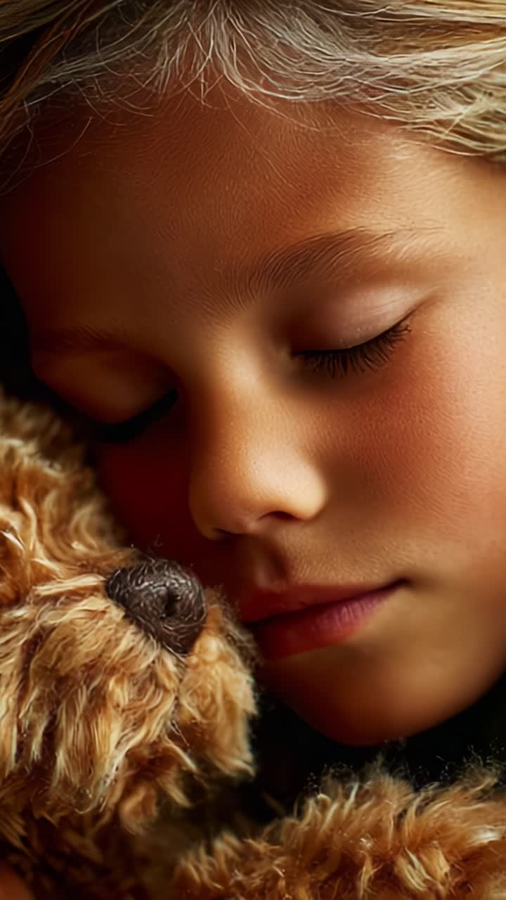 Un sereno momento di innocenza: un bambino piccolo dorme profondamente con un peluche, immortalato in un abbraccio commovente di comfort e sicurezza