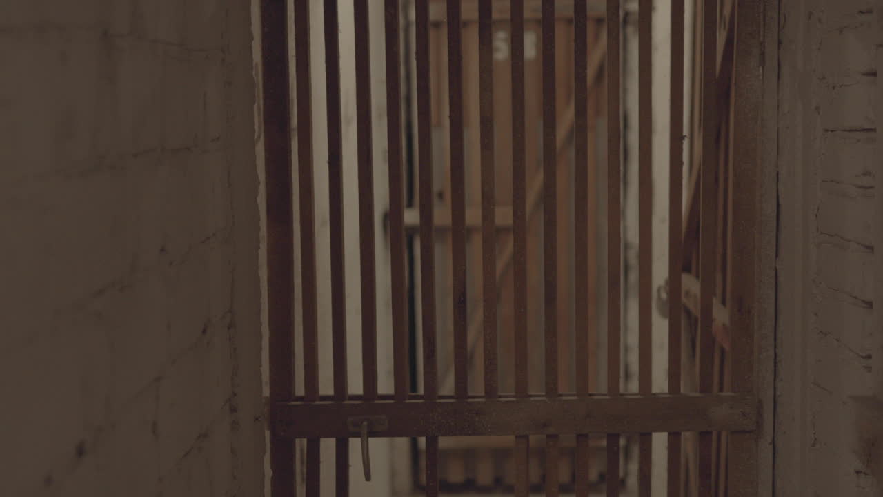 vista sombría de una puerta con barras de hierro en un corredor oscuro