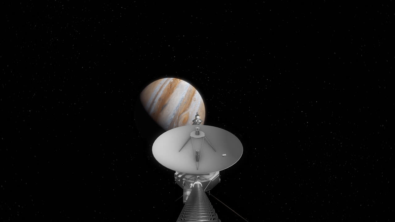 voyager 1 cámara de acción al estilo de una toma que se dirige hacia el planeta gigante gaseoso júpiter mientras viaja a través del sistema solar para recopilar fotos y datos científicos 4k
