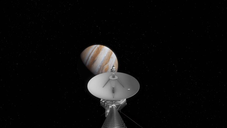 Voyager 1 ActionCam Style Shot Heading Towards Gas Giant Planet Jupiter as it Travels Through Solar System to Collect Photos and Scientific Data 4K