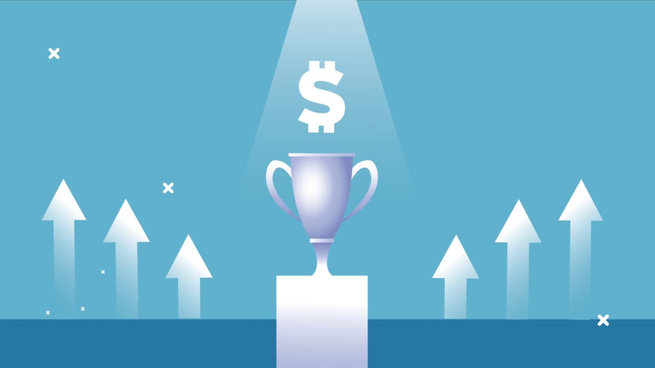 money dollar symbol in trophy cup and arrows up