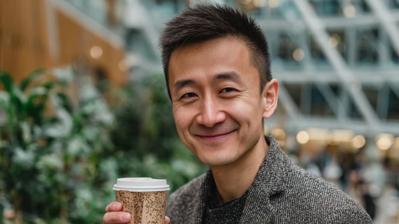 Smiling Man Enjoying a Coffee Moment in a Modern Urban Environment with Lush Greenery and Contemporary Architecture in the Background