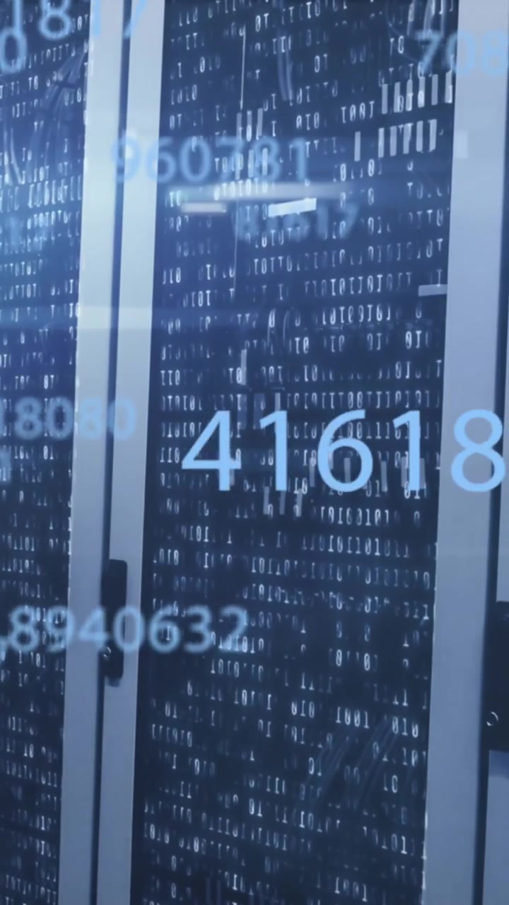 Animazione di numeri multipli che cambiano, quadrati a mosaico e punto luce su sfondo sala server.