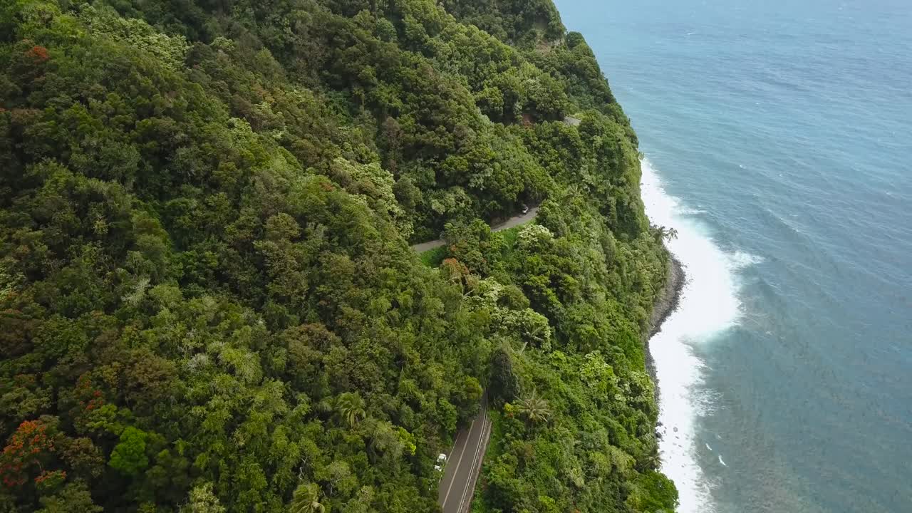 una toma aérea de la carretera a hana que muestra una exuberante silvicultura y una pista de la costa