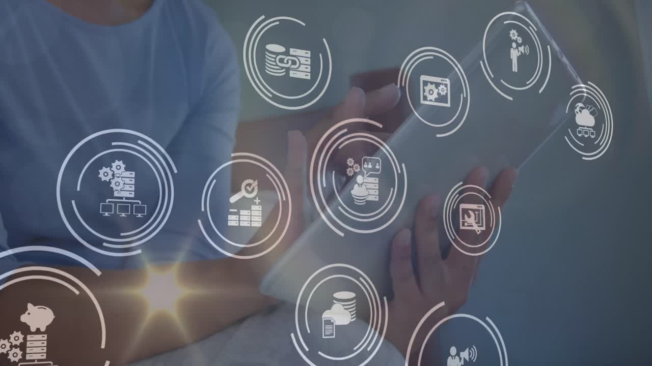 animación de iconos en círculos sobre la sección media de una mujer caucásica usando una tableta digital en casa