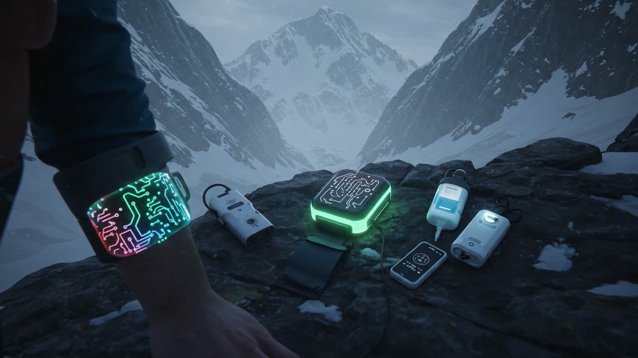 A Futuristic Display of Wearable Technology and Smart Devices in a Snowy Mountain Landscape, Showcasing Innovation and Design Amidst Natural Beauty