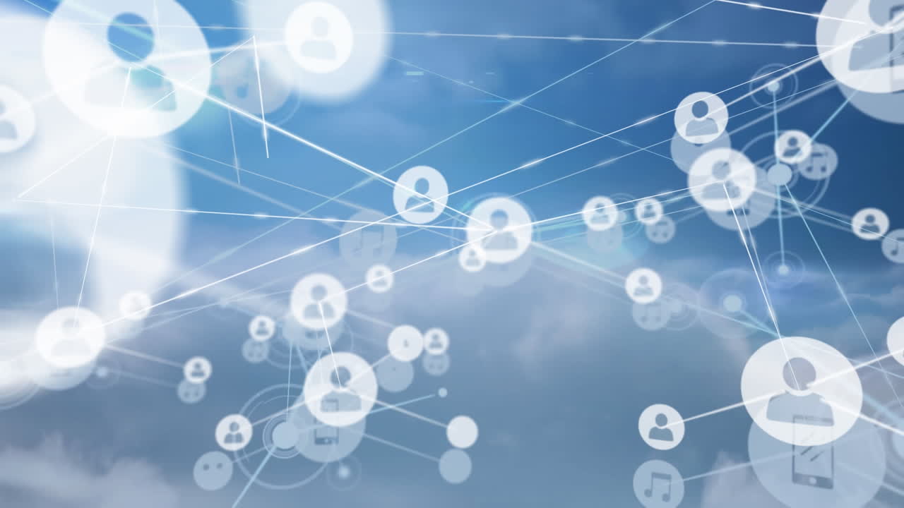 파란색 배경의 구름 위에 있는 사람들과의 연결 네트워크 아이콘의 애니메이션