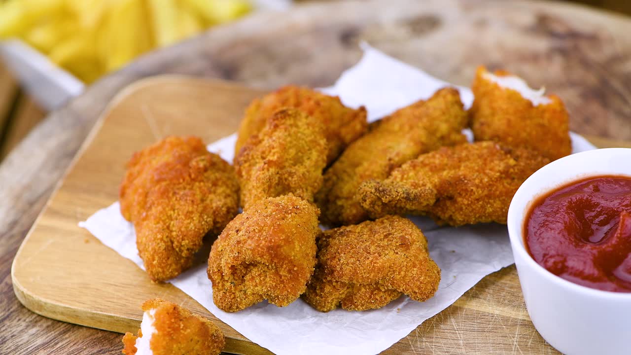 nuggets de pollo crujientes en un plato giratorio (con bucle sin costuras)