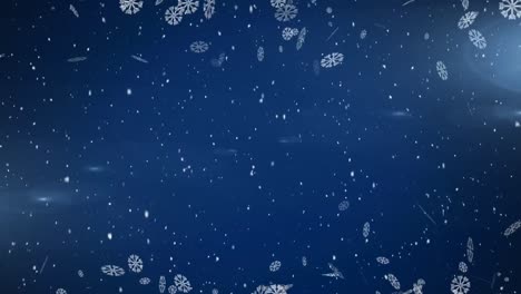 Digitale-Animation-Von-Schneeflocken,-Die-Sich-Vor-Lichtflecken-Auf-Blauem-Hintergrund-Bewegen