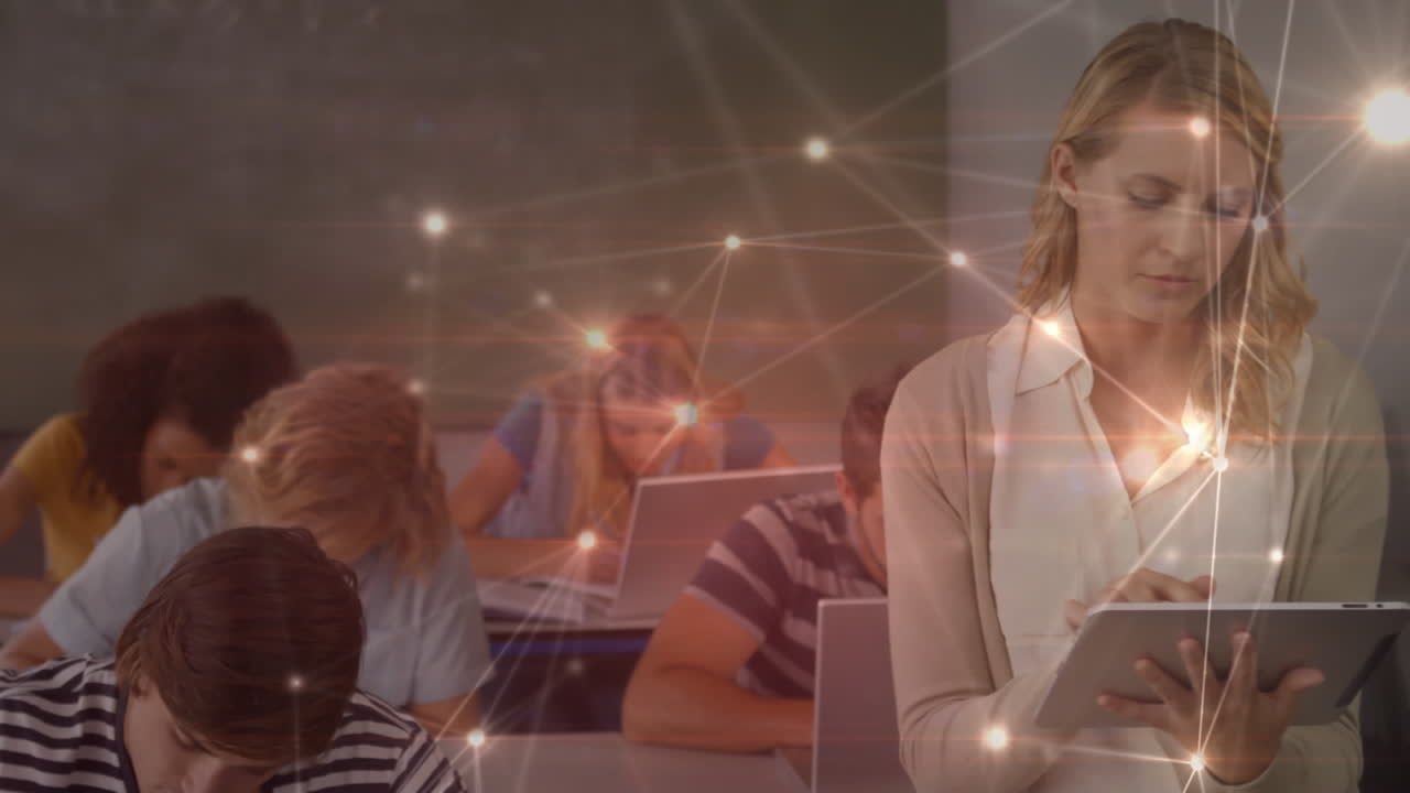 анимация сети связей между учительницей с помощью планшета и учениками