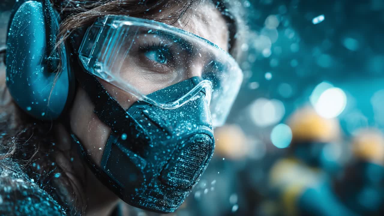 Intense Focus: A Close-Up of a Woman in Protective Gear Amidst a Hazmat Environment, Capturing the Atmosphere of Safety and Vigilance with Eye-Catching Detail