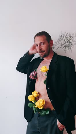 hombre de traje con flores