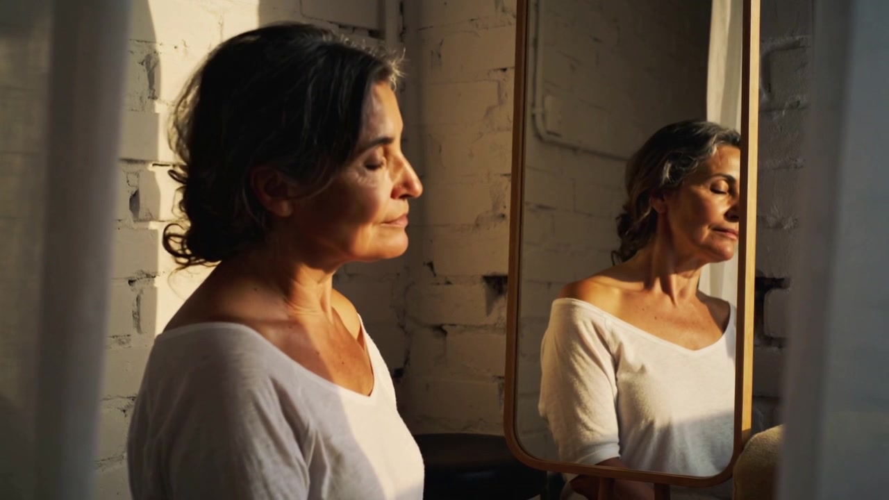 Glancing at mirror woman slowly tilting head back left studying self in bedroom wearing white top