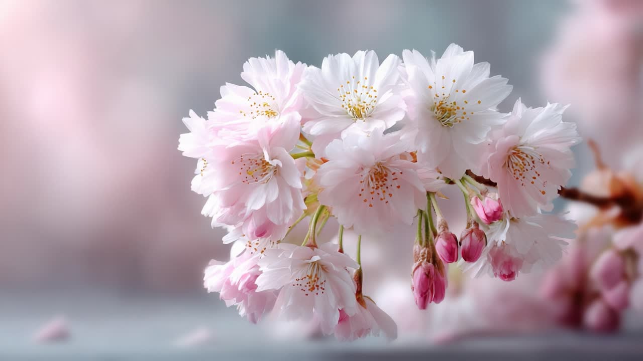 A Captivating Display of Cherry Blossoms in Full Bloom, Showcasing Delicate Pink and White Flowers Against a Soft, Blurred Background, Evoking Nature's Tranquility and Beauty