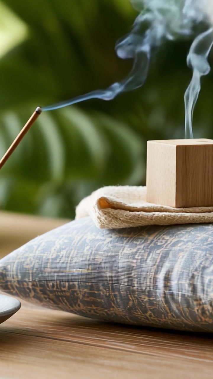 Tranquillité captivante : un cadre serein avec de la fumée d'encens s'élevant d'un porte-encens en bois posé sur un coussin décoratif, évoquant le calme et la paix.