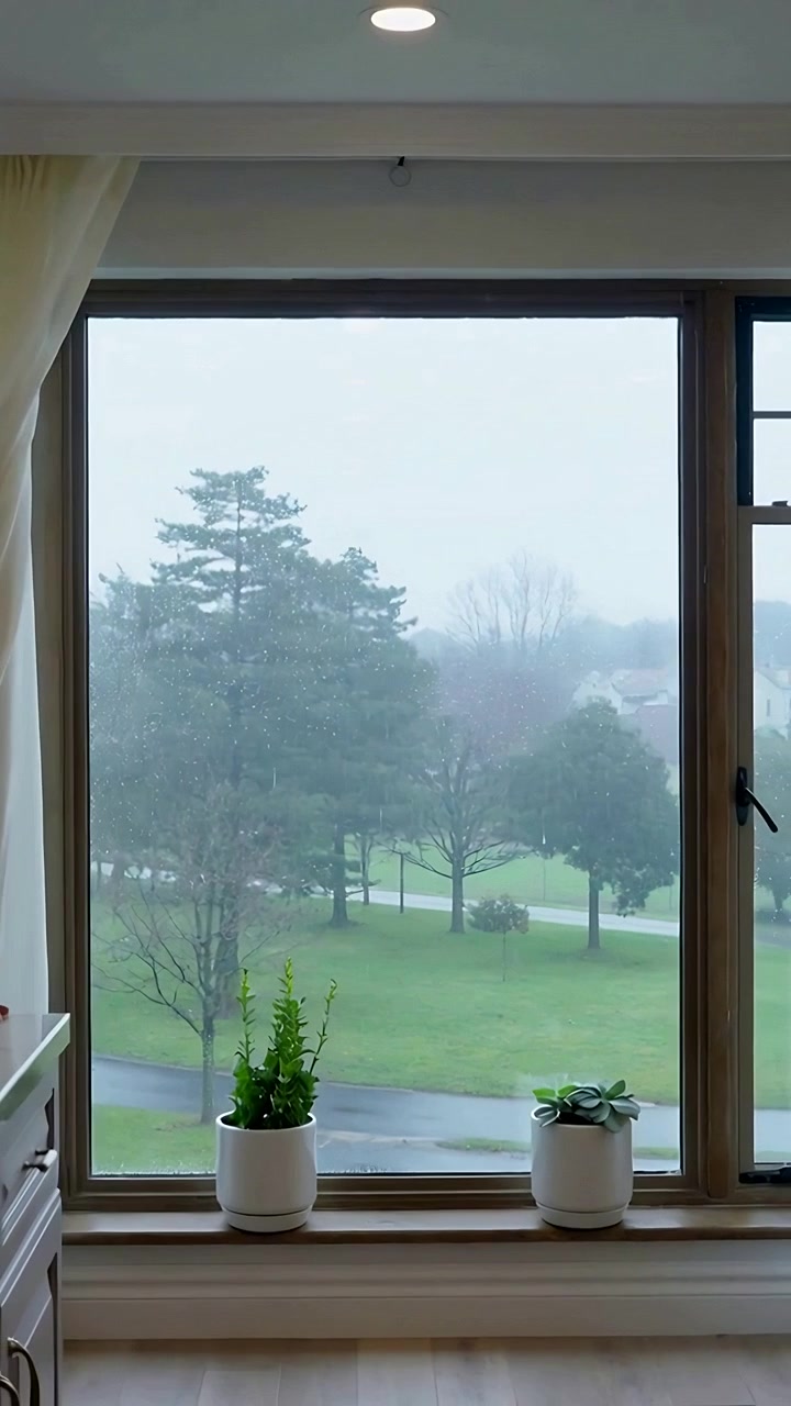 Vertical video: Reaching adult hand in long sleeve pulling curtain at home showing window pots rain