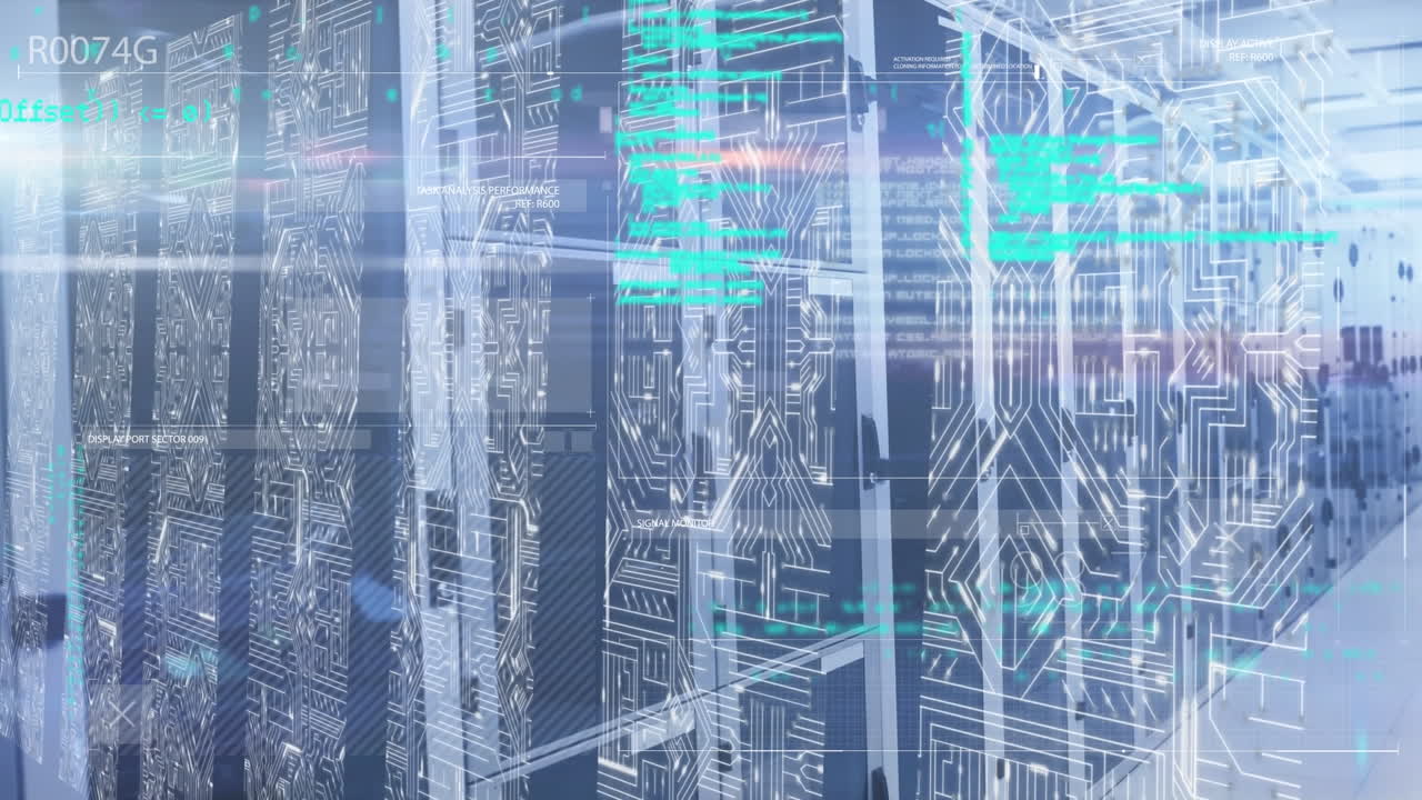 Animation of data processing and moving columns over server room