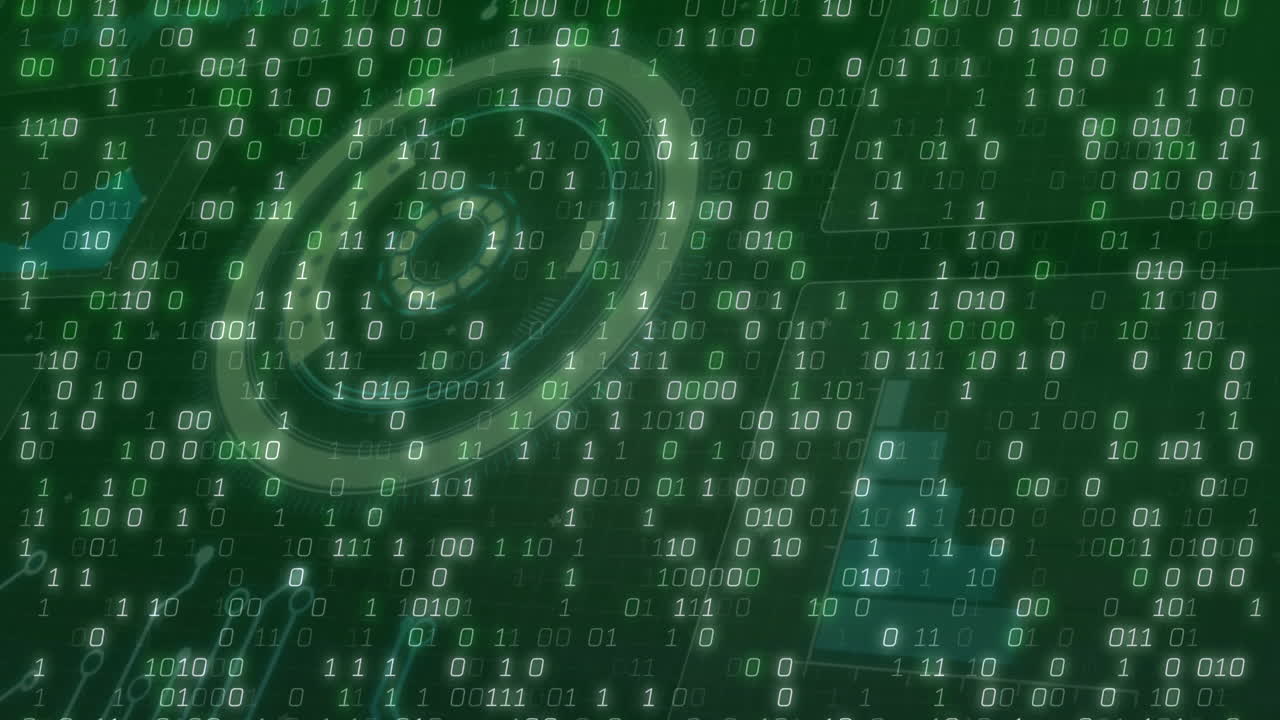 Futuristic digital HUD rotating over green binary code, showing bar chart icon and circuit traces