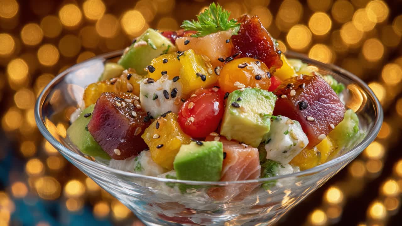 A Vibrant Medley of Fresh Fruits and Vegetables in a Glass Bowl, Topped with Sesame Seeds, Showcasing a Colorful and Inviting Presentation Perfect for Any Occasion
