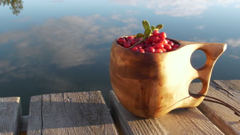 arándanos rojos en taza de madera junto al lago, primer plano