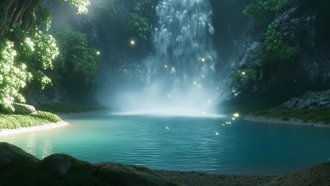 A serene waterfall cascades amidst lush greenery, captured from a low angle