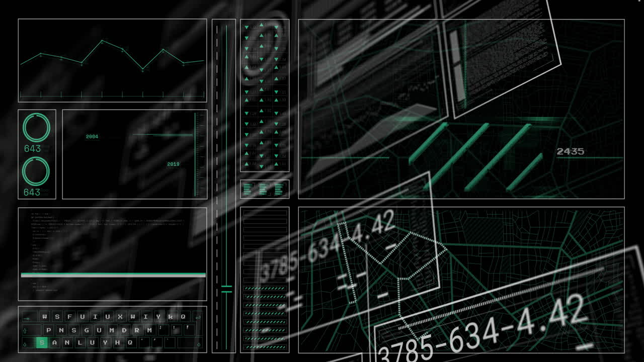 Animation of digital data processing over dark background