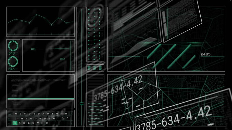 Animazione dell'elaborazione di dati digitali su sfondo scuro