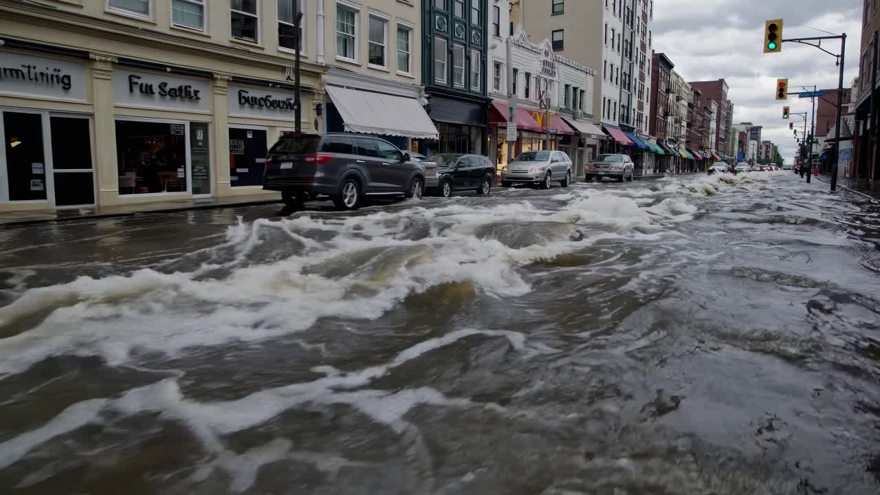 Flooded street with cars partially submerged. Water flows rapidly, flooding the urban area