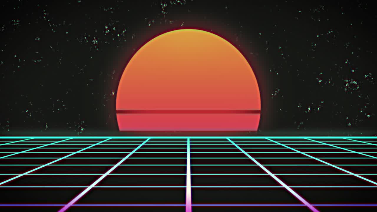 animación de un sol naranja brillante que se mueve en un bucle sin costuras sobre la cuadrícula verde por la noche