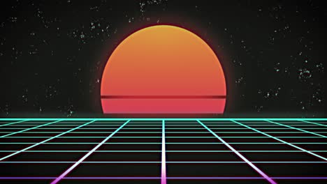 Animation-of-glowing-orange-sun-moving-on-seamless-loop-over-green-grid-at-night
