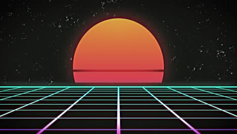 animación de un sol naranja brillante que se mueve en un bucle sin costuras sobre la cuadrícula verde por la noche
