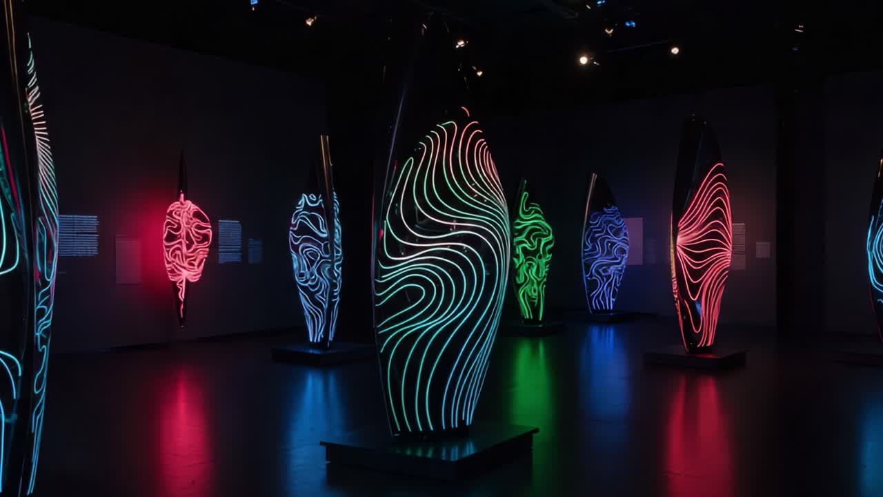 A Mesmerizing Display of Neon Art Installations, Showcasing Intricate Patterns and Colorful Lighting That Captivates Viewers in a Modern Exhibition Space