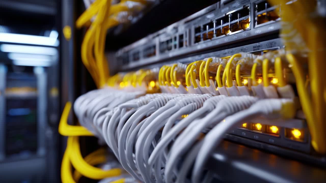 Detailed Close-Up of Network Switch with Yellow and White Ethernet Cables Connected, Showcasing Data Center Connectivity and Network Infrastructure Technology