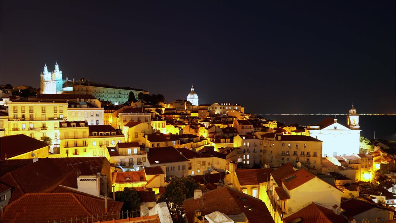 Beautiful timelapse from Lisbon, Portugal with the lit up Igreja de S&atilde;o Vicente de Fora Catholic church and National Pantheon at night