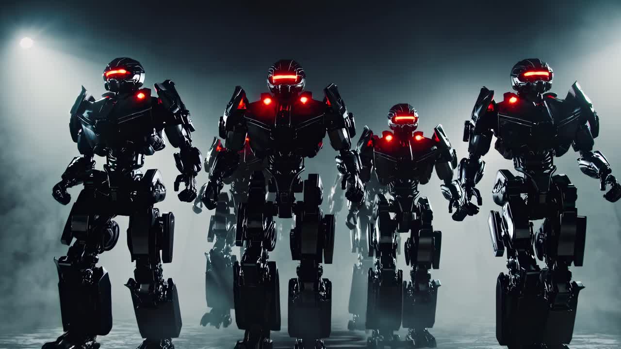 Low-angle shot of futuristic robots with glowing red eyes in a smoky setting, creating a dramatic