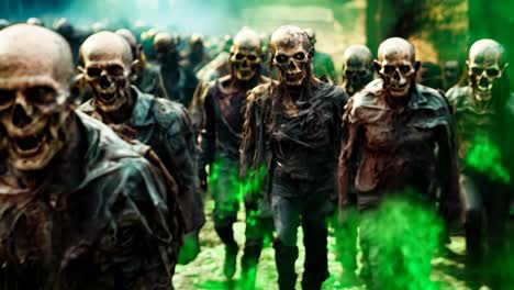 a group of zombies walking through a forest