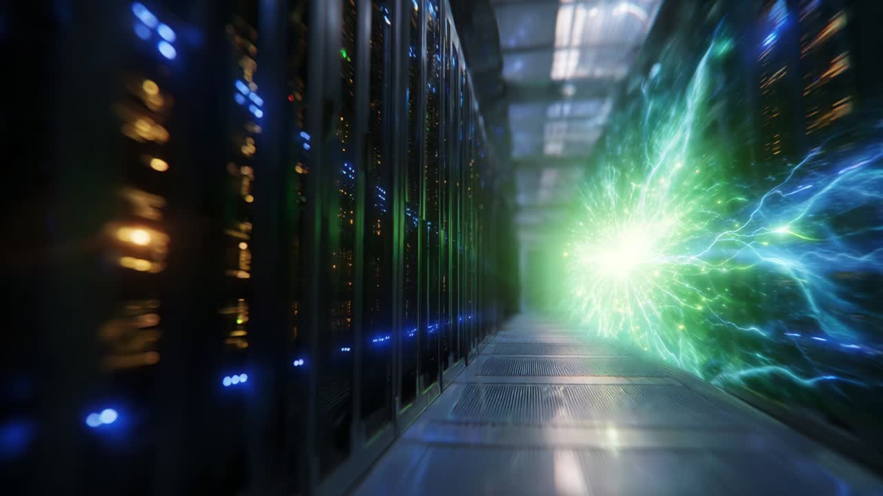 A Dynamic Transformation in a Data Center: Witness the Mesmerizing Shift from Pulsating Energy to a Radiant Burst of Color, Capturing the Essence of Technological Advancements and Innovation in Computational Power
