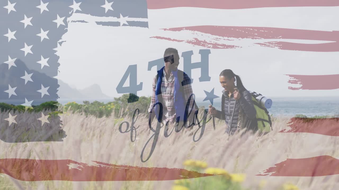 웃는 다양한 커플 하이킹에 대한 독립기념일 텍스트의 애니메이션