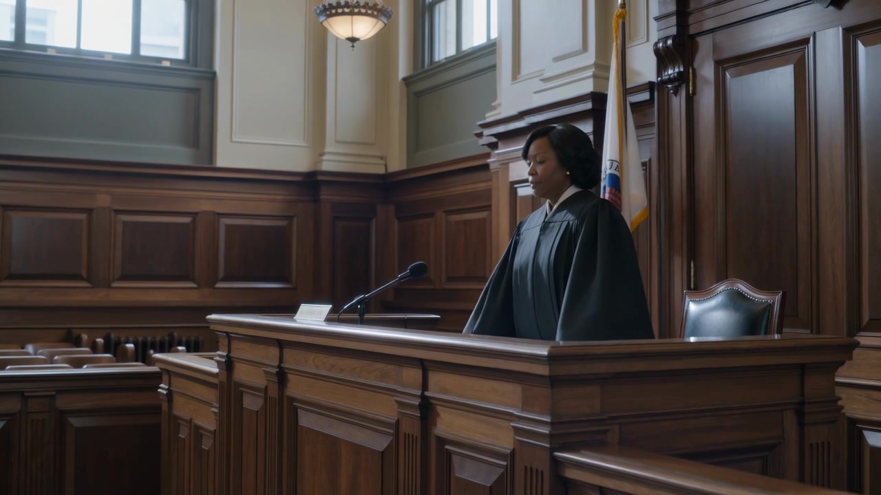 Entering female judge starting session in black robe white collar, placing book on bench