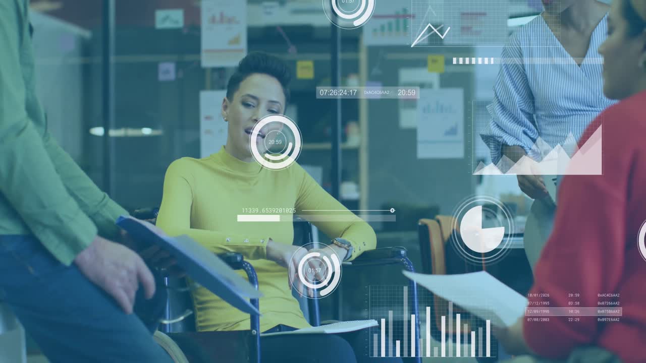 Animation of multiple graphs, loading bars, circles, diverse coworkers discussing reports in office