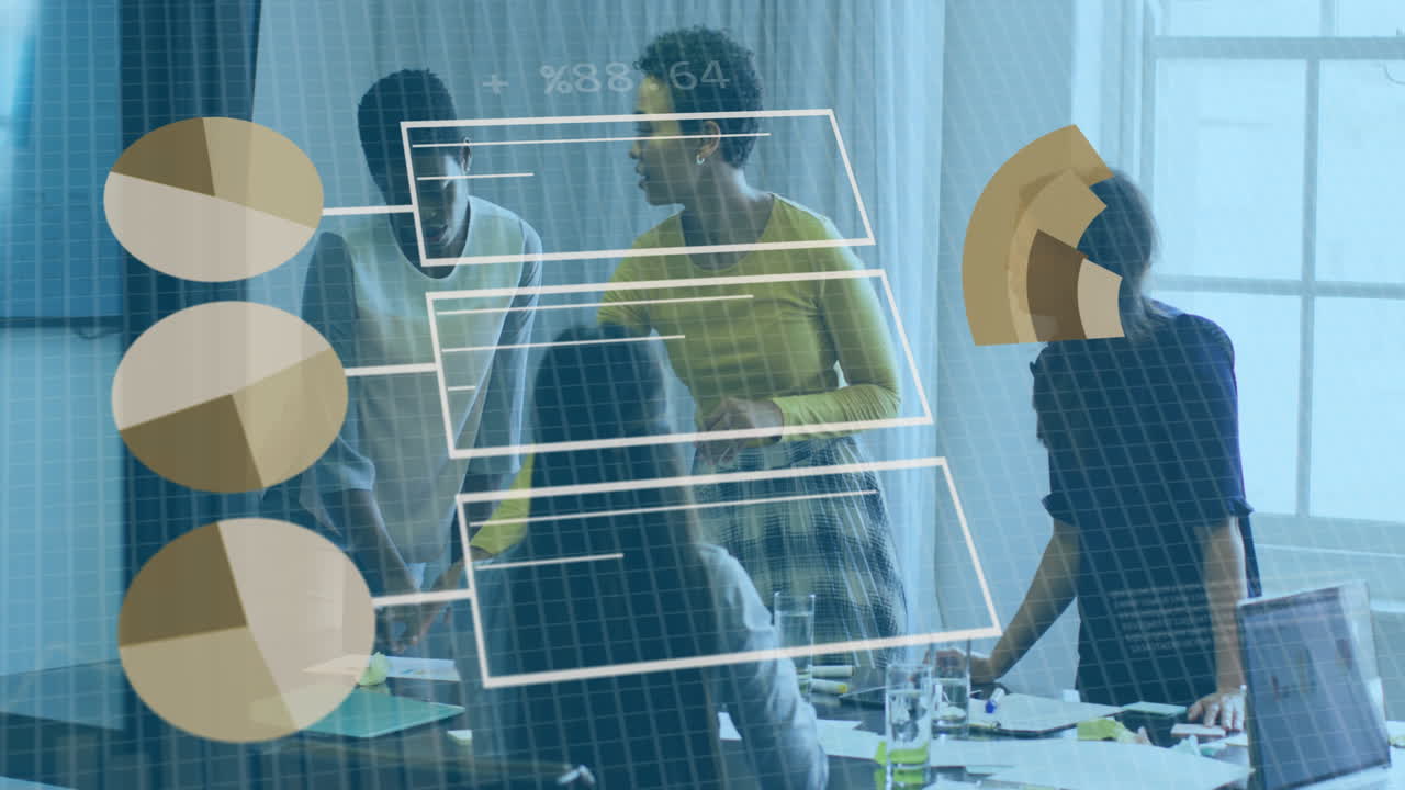 사무실에서 함께 토론하는 다양한 여성 그룹에 대한 통계 데이터 처리의 활성화