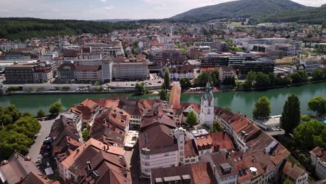 aare river olten old town city square switzerland aerial drone europe solothurn canton