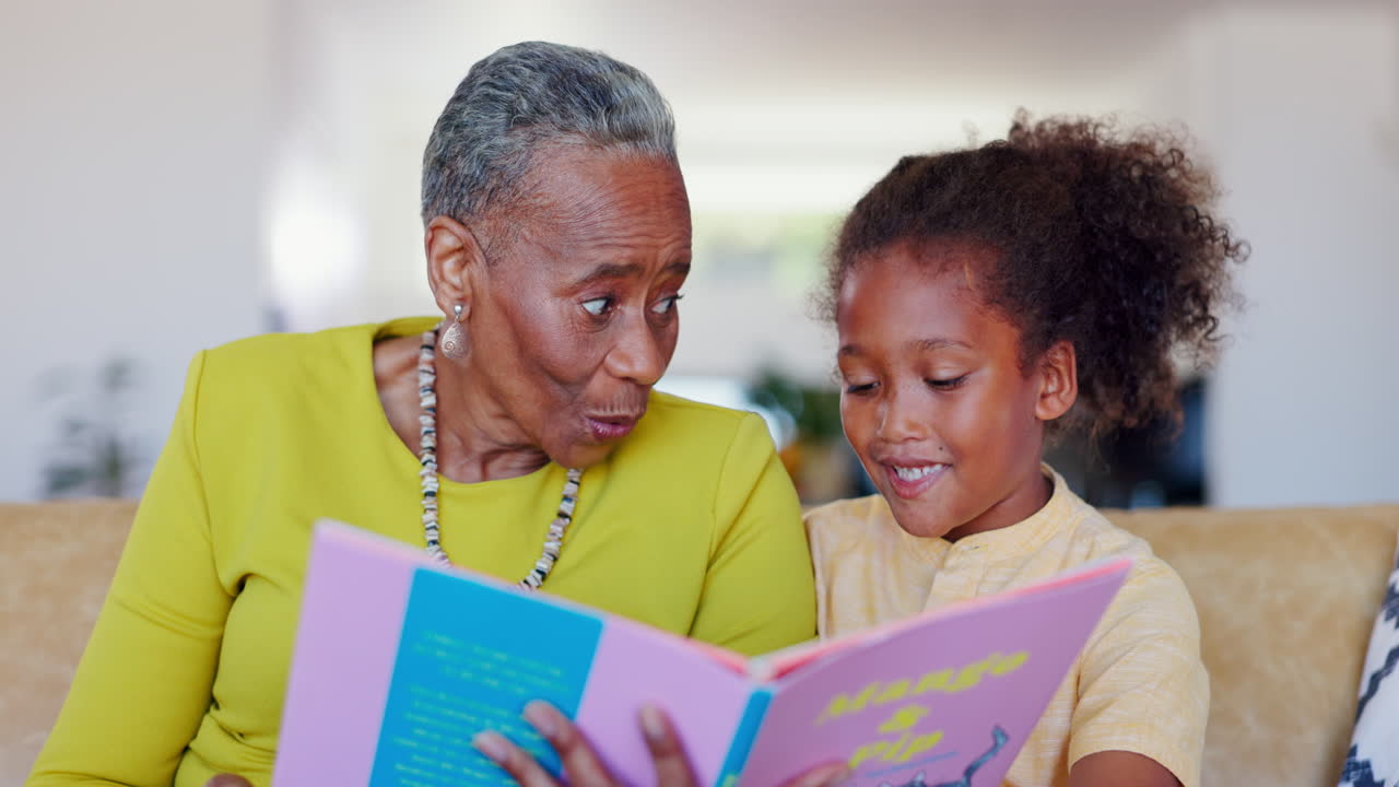 Happy grandmother, kid and reading books