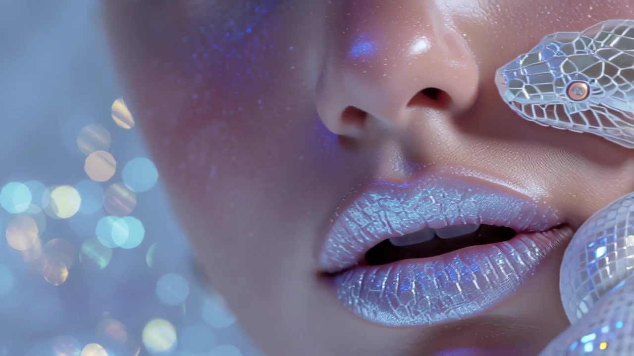 Très gros plan vidéo du visage d'une femme avec un rouge à lèvres métallique scintillant et un maquillage cybernétique futuriste, des lumières bokeh bleues en arrière-plan, concept de mode science-fiction.