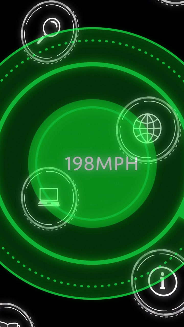 Animation af digitale ikoner og databehandling over et speedometer på sort baggrund.