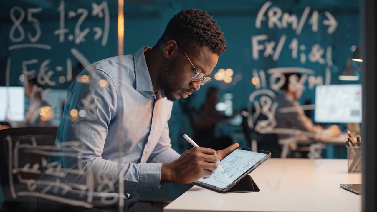 Focused professional engaging in digital work using a tablet in a modern office setting with creative diagrams and writings on glass, showcasing innovative ideas.