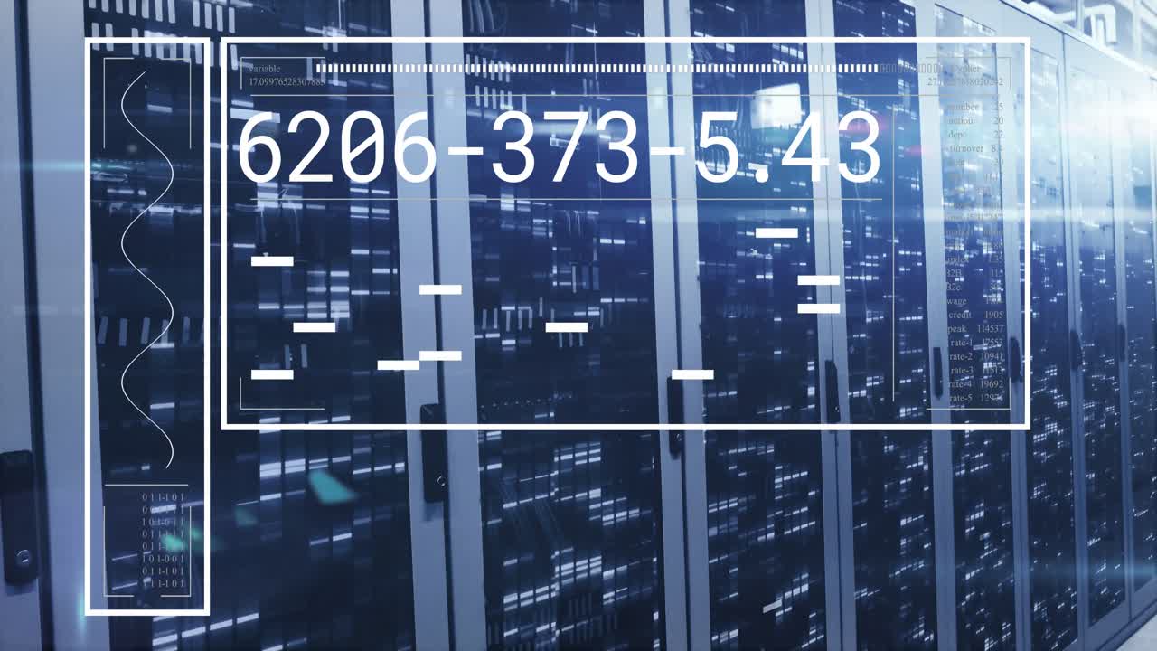 Server racks filling data center showing HUD while data stream updating numeric codes and bars
