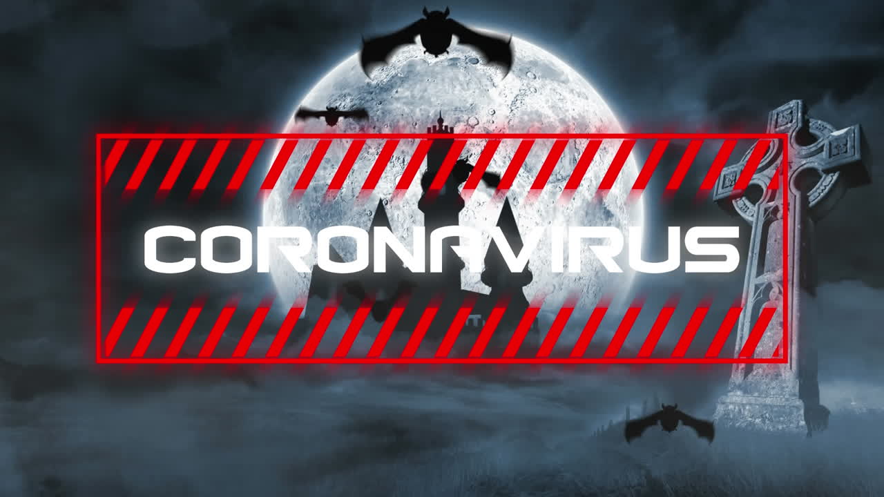 Animation of warning text covid 19, over bats, graveyard and moon