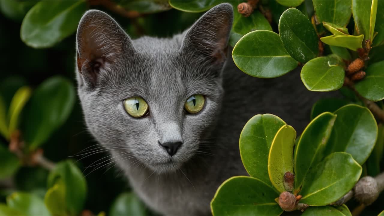 Un affascinante gatto grigio che sbircia attraverso un fogliame verde lussureggiante, mettendo in mostra i suoi occhi penetranti e la sua espressione curiosa in un ambiente naturale.