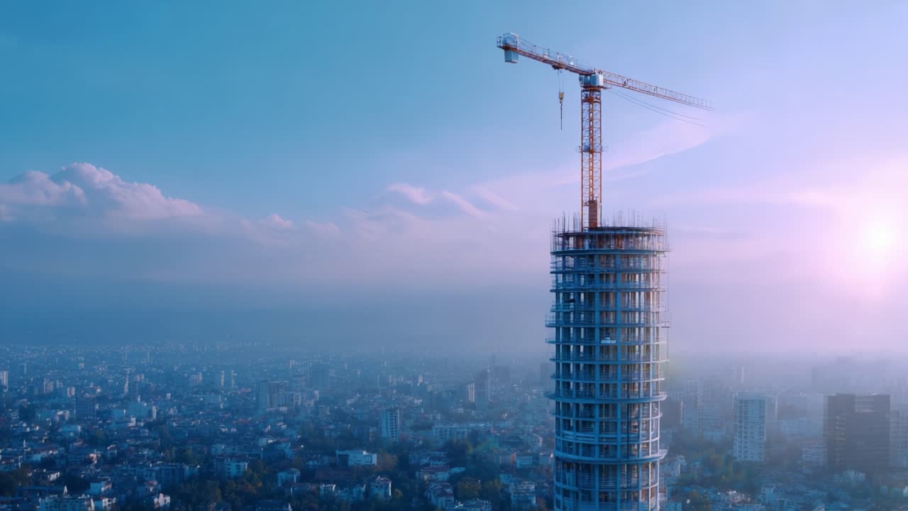 Vista aérea de una torre en construcción con una grúa contra un cielo azul y un paisaje urbano de fondo al anochecer, que muestra el desarrollo urbano y el progreso.